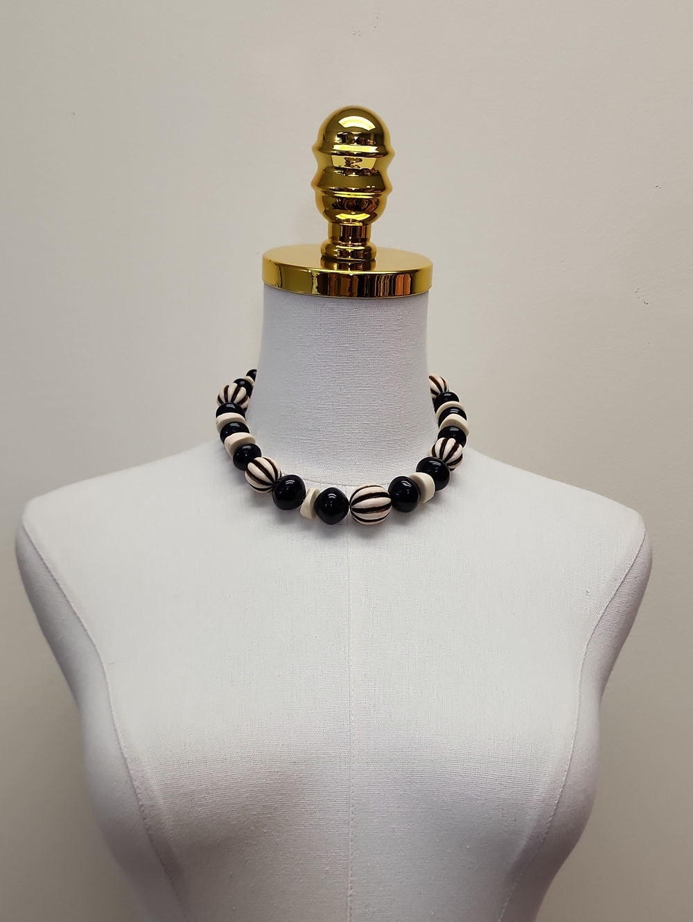 Handmade Black Cream Striped Beaded Choker Necklace
